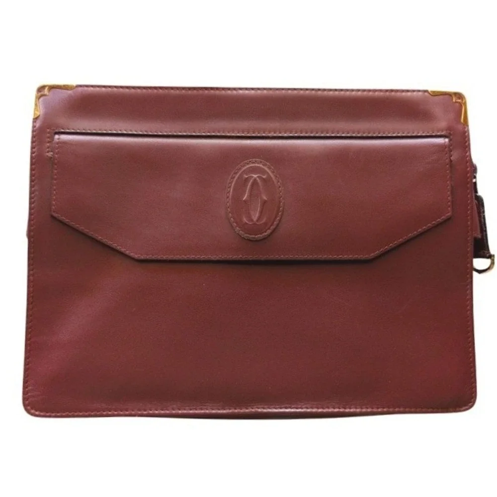 Vintage Cartier Les Must de Cartier Burgundy Leather‎ Clutch Bag Gold Corners